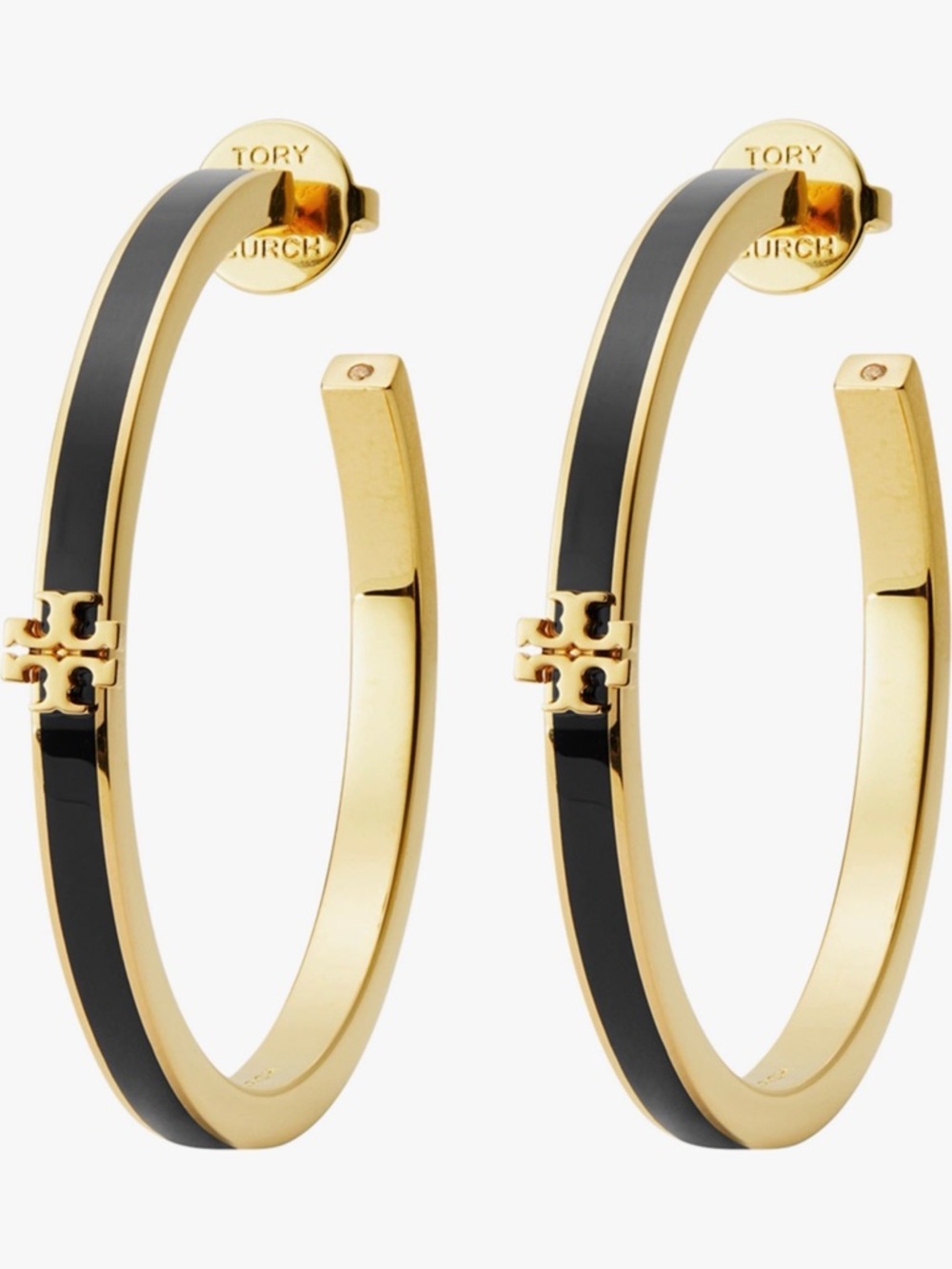 Tory Burch Gold and Black Enamel Hoop Earrings